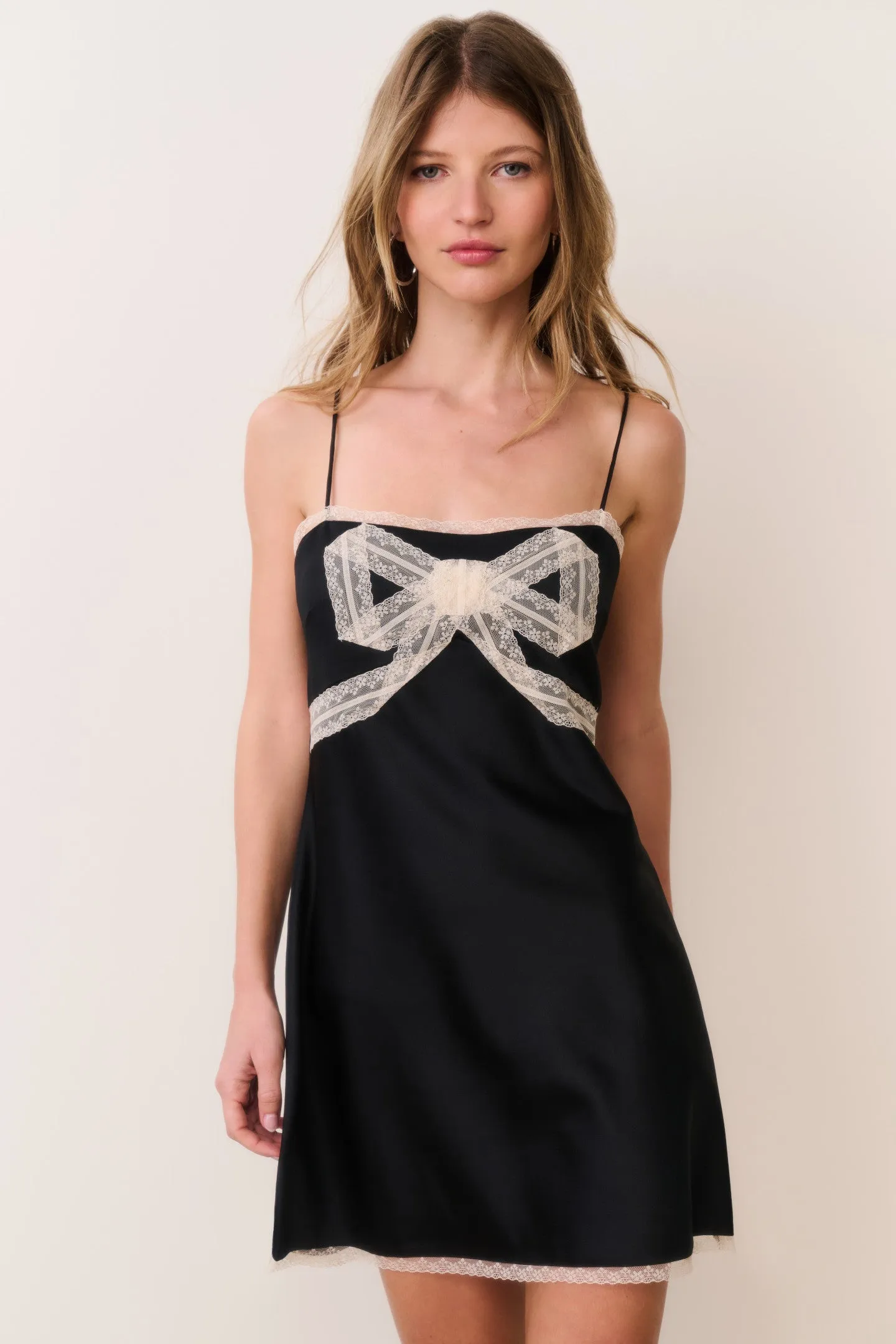 Mirelis Lace Bow Crepe Mini Dress - BLACK sold by LoveShackFancy product image thumbnail 3