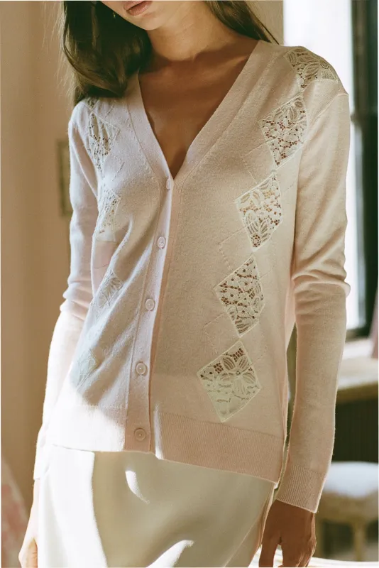 Ismeria Wool Argyle Lace Cardigan made by LoveShackFancy