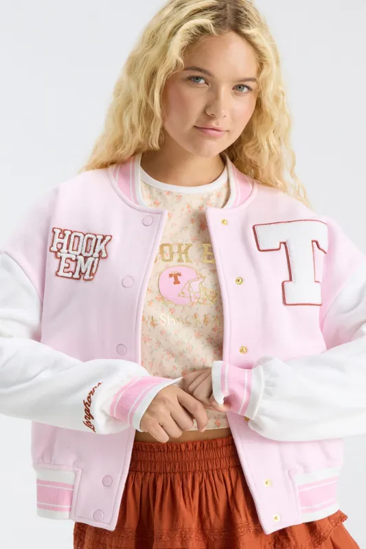 Collegiate Varsity Jacket - LONGHORN PINK made by LoveShackFancy