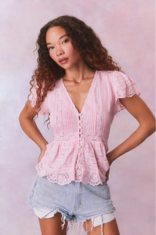 Quinella Cotton Peplum V-Neck Button-Down Blouse sold by LoveShackFancy