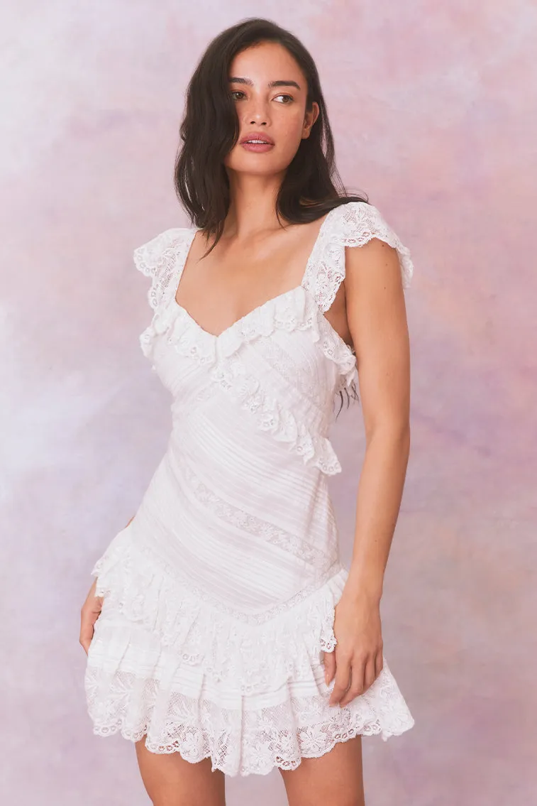 Bensley Fitted Lace Mini Dress sold by LoveShackFancy