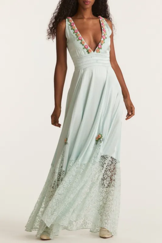 Mirette Silk Gown-Enchanted Leaves sold by LoveShackFancy