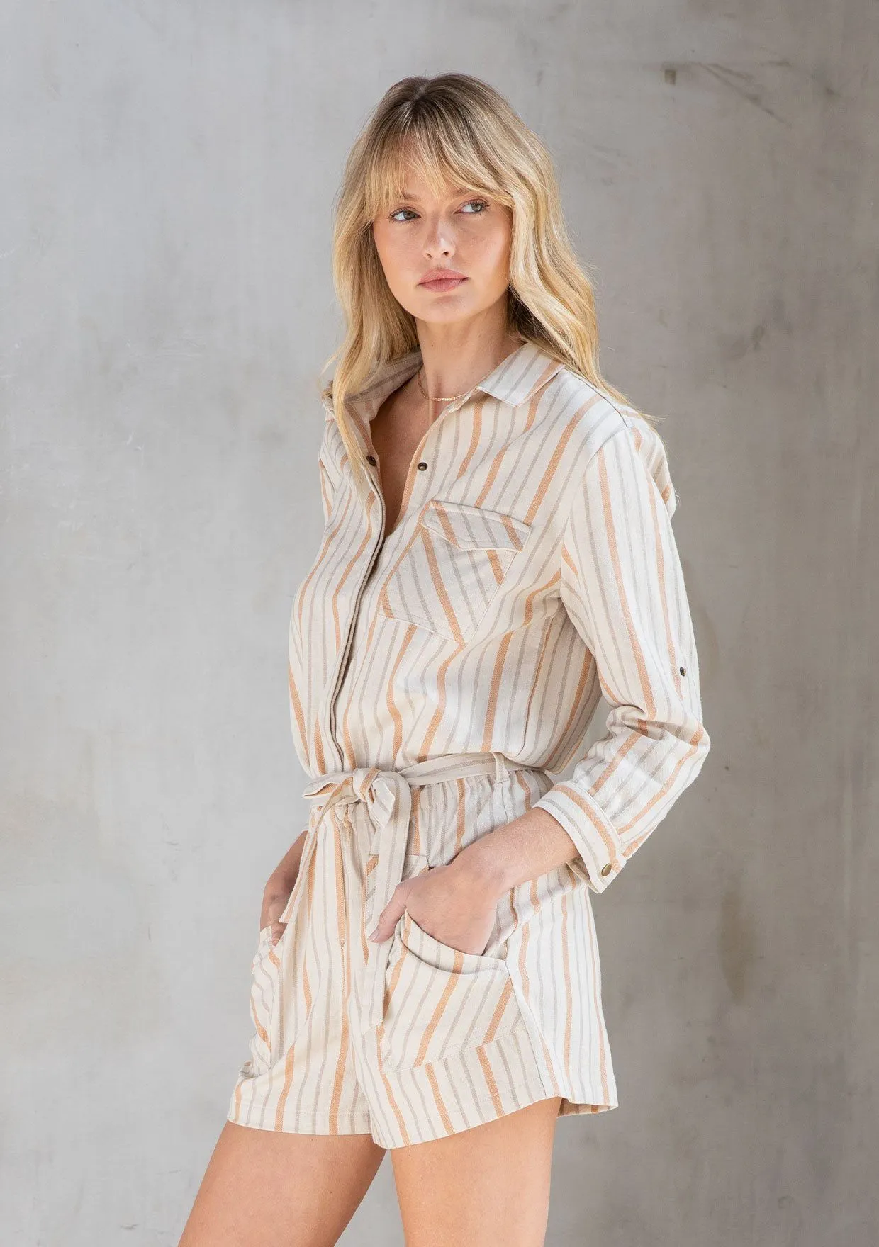For Keeps Striped Twill Romper sold by lovestitch