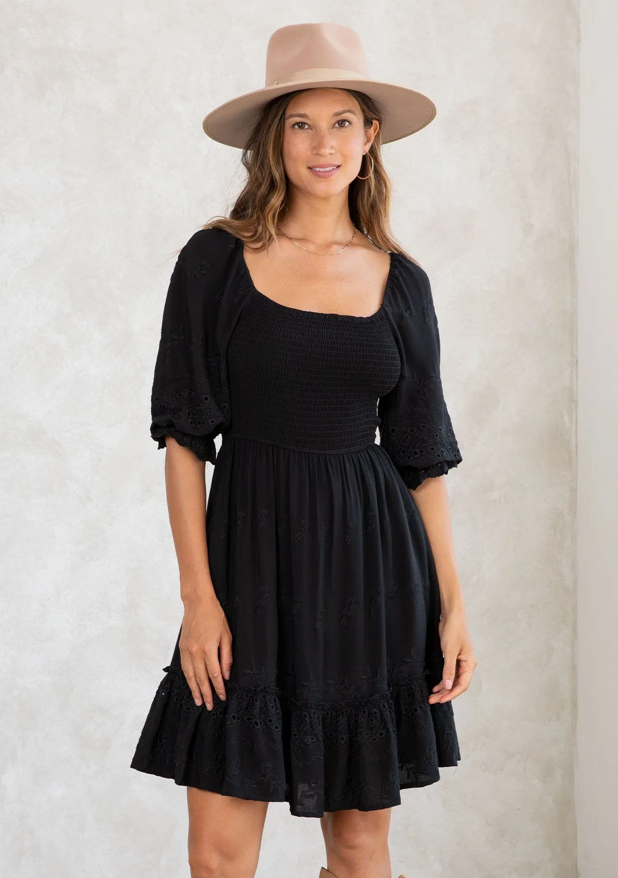 Clover Smocked Eyelet Mini Dress sold by lovestitch