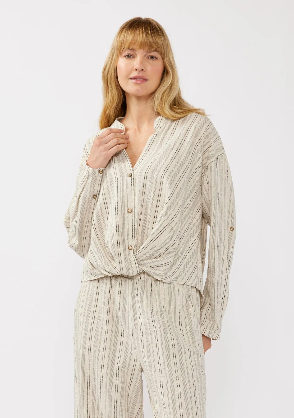 Carefree Escape Twist Front Striped Shirt sold by lovestitch