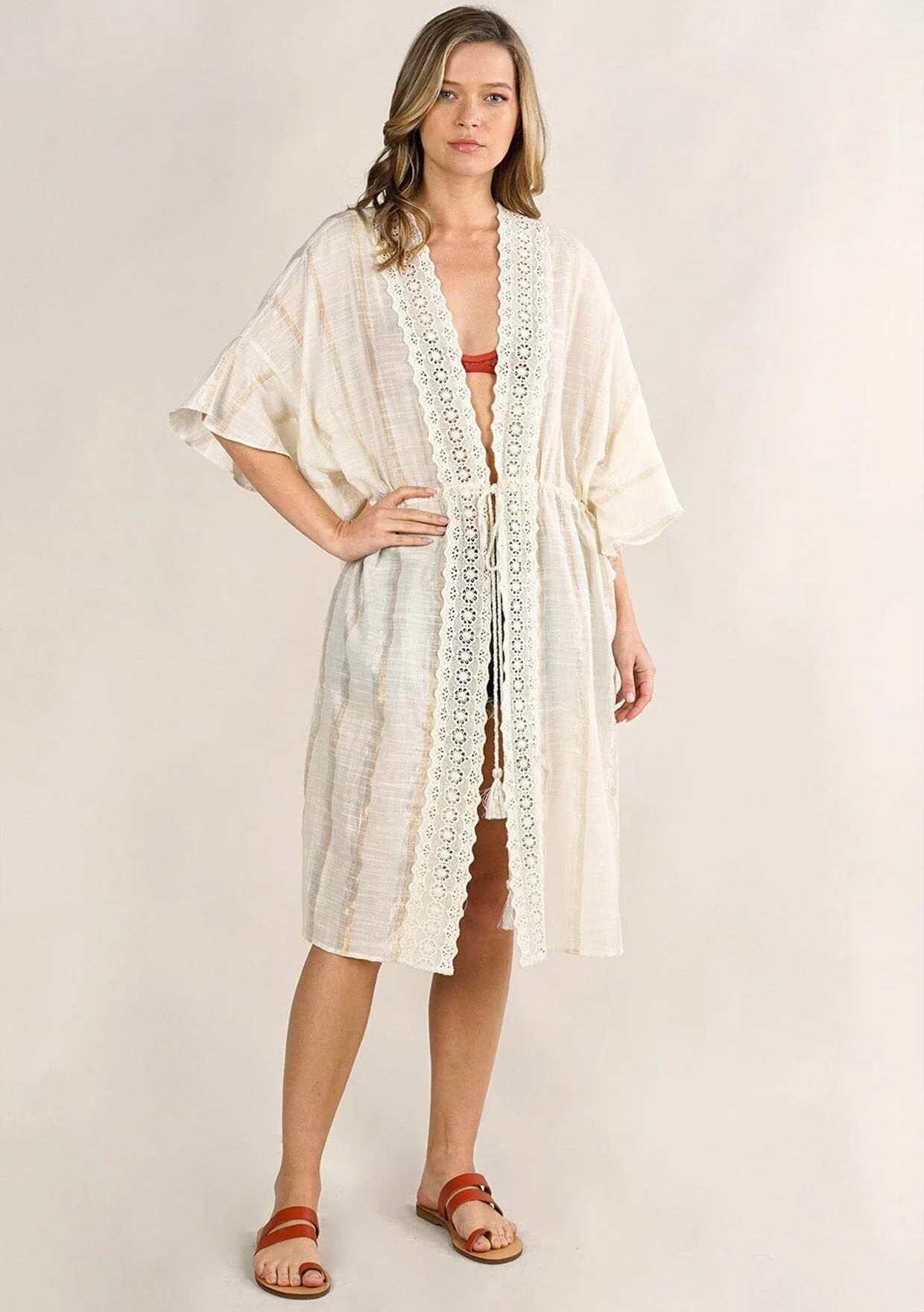 Shine Bright Metallic Stripe Tie Front Caftan sold by lovestitch