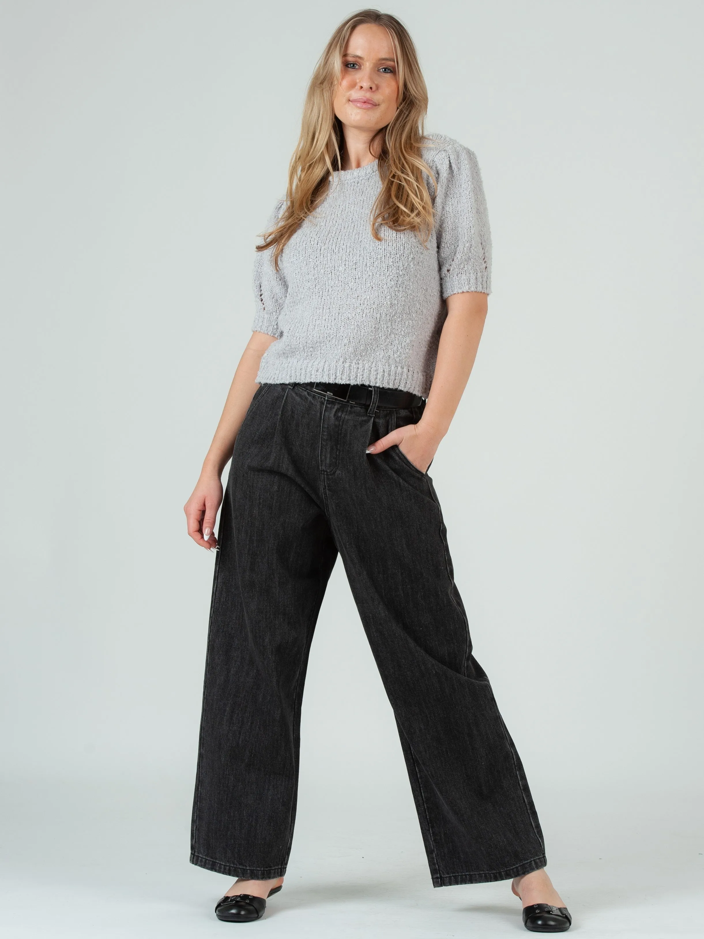 Women's Boucle Crew Neck Short Sleeve Sweater in Grey sold by Lucca Couture