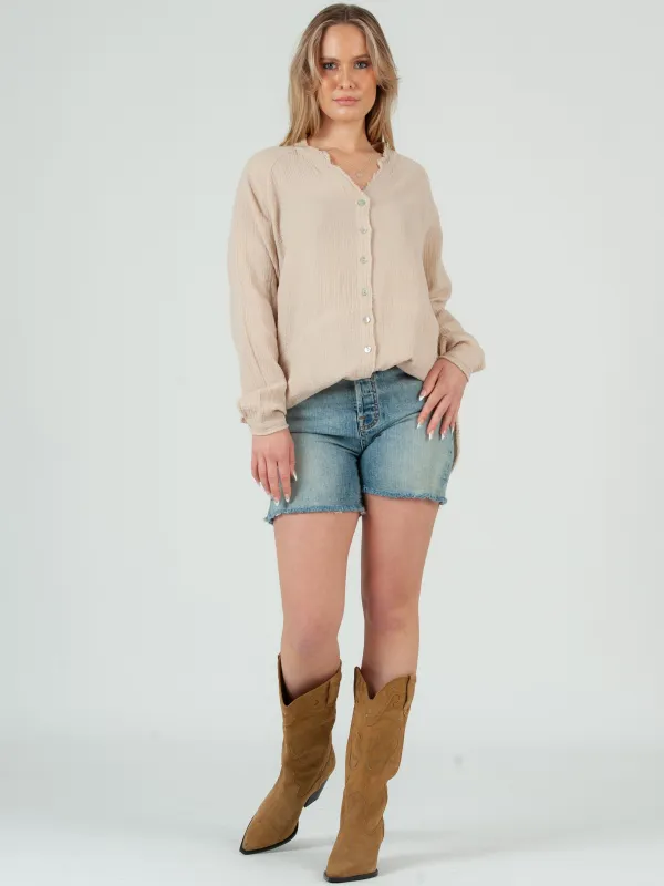 Women's Solid Double Gauze Button Down Tunic Top in Vanilla Latte sold by Lucca Couture