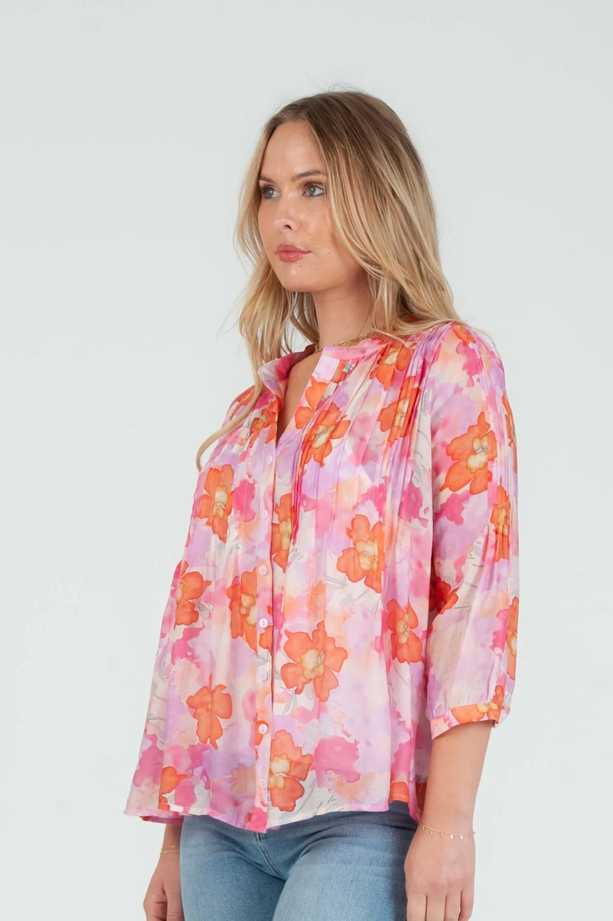 Women's Pink Floral Tencel pintuck blouse sold by Lucca Couture product image thumbnail 2