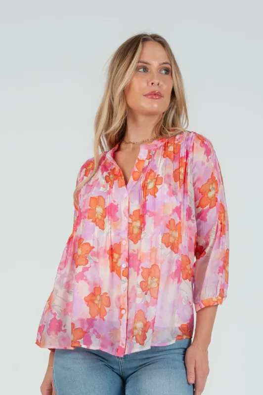 Women's Pink Floral Tencel pintuck blouse made by Lucca Couture