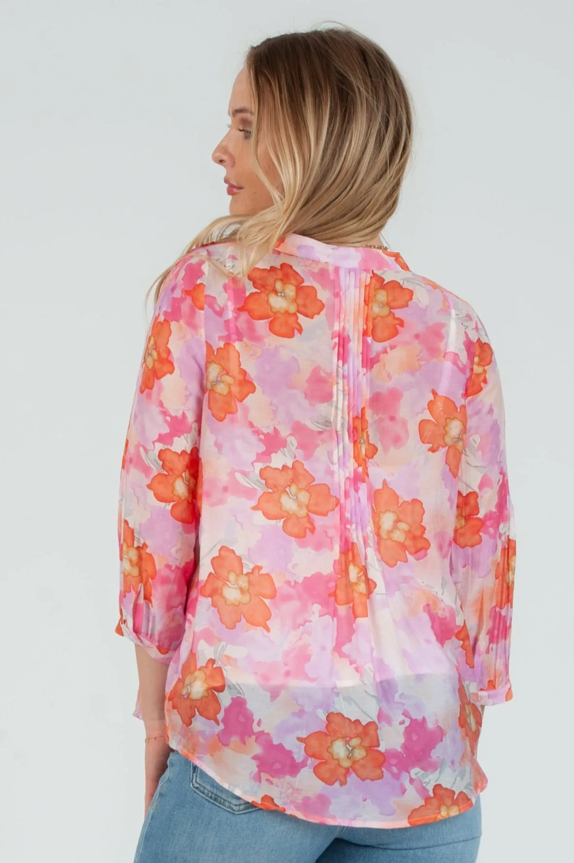 Women's Pink Floral Tencel pintuck blouse sold by Lucca Couture product image thumbnail 3
