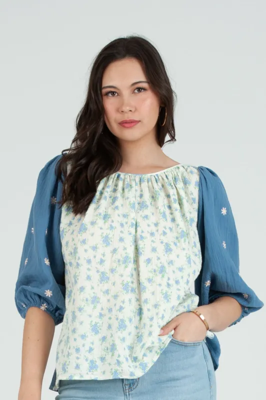 Women's Gauze Print Mix Blouse Top sold by Lucca Couture