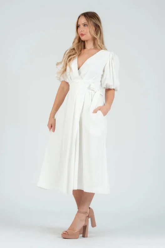 Women's White Linen Wrap Midi Dress sold by Lucca Couture product image thumbnail 2