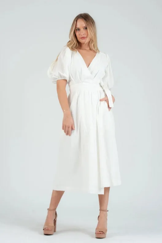 Women's White Linen Wrap Midi Dress sold by Lucca Couture product image thumbnail 3