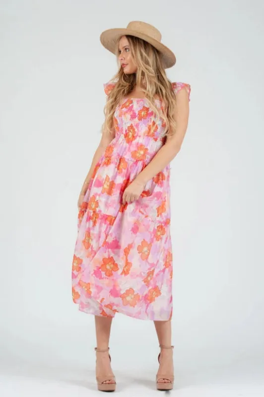 Women's Pink floral Print Smocked Midi Dress sold by Lucca Couture