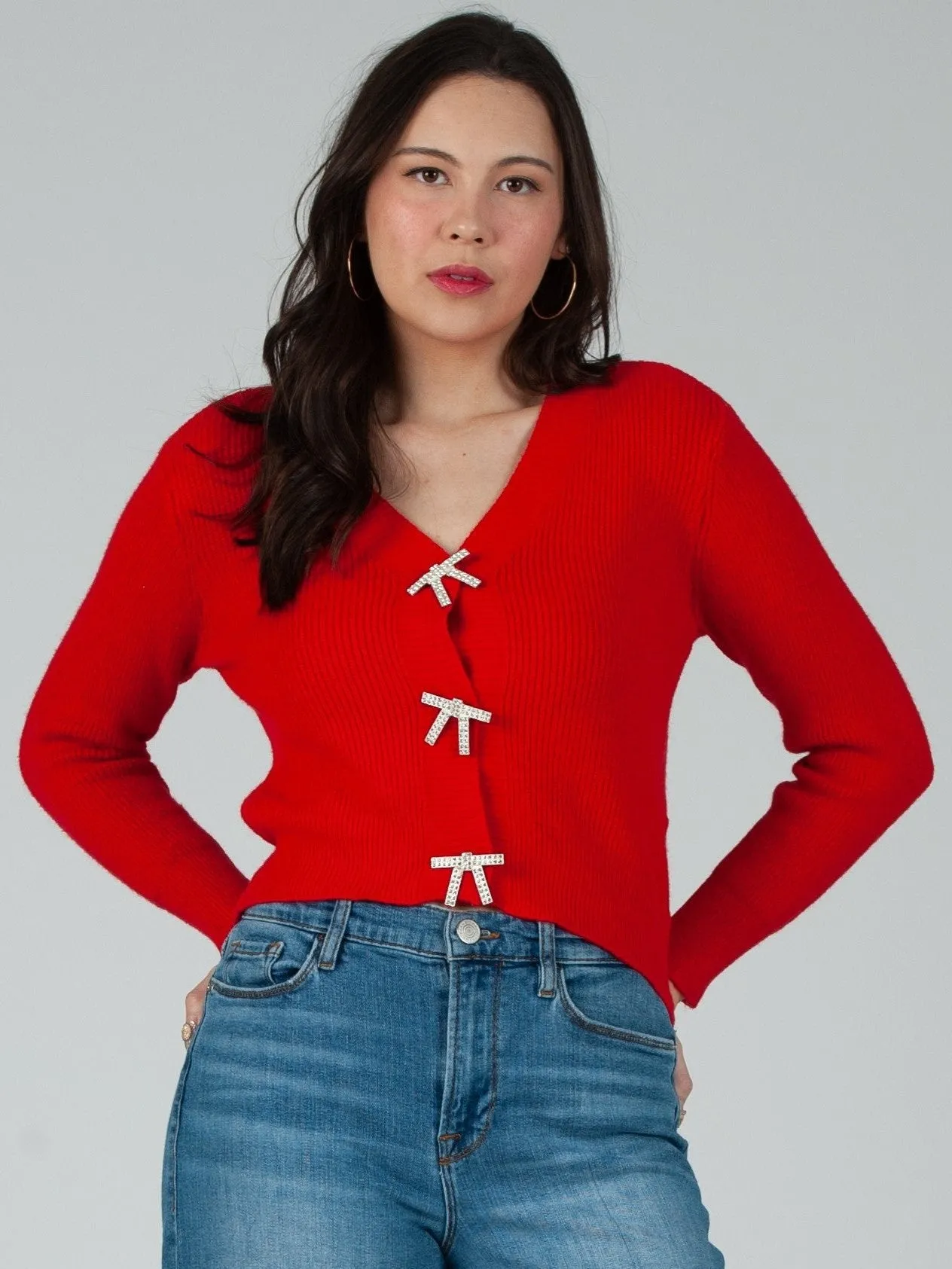 Women's Rhinestone Bow Button Cardigan sold by Lucca Couture product image thumbnail 2