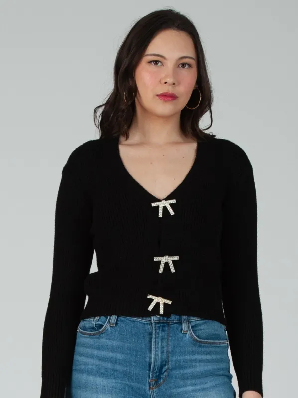 Women's Rhinestone Bow Button Cardigan sold by Lucca Couture