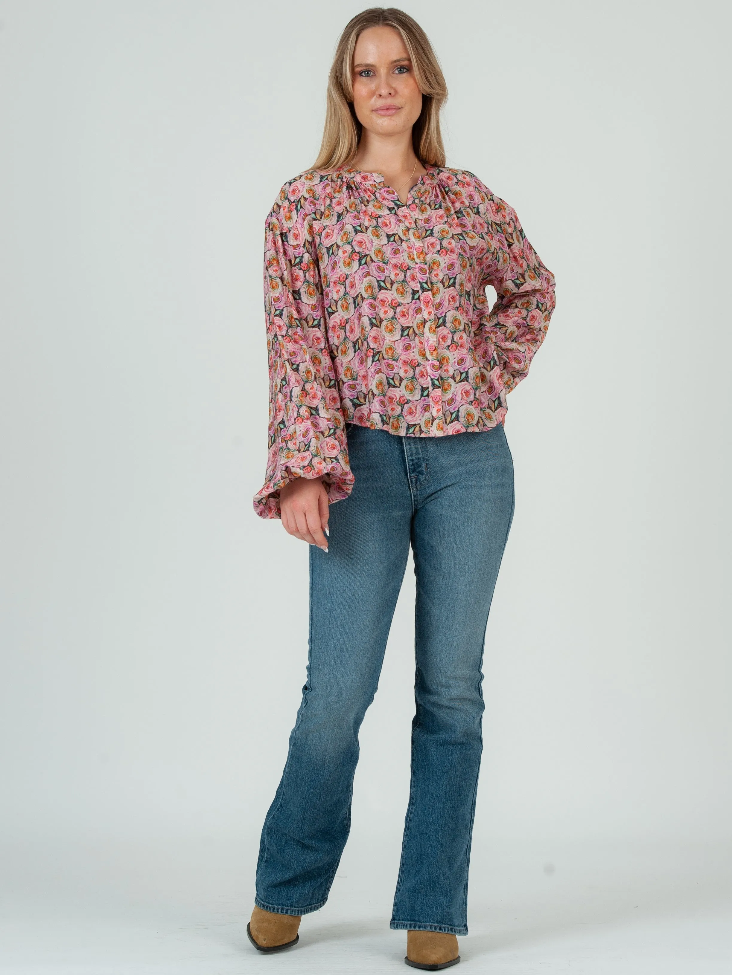 Women's Floral Print Notch Collar Button Up Blouse-Pink sold by Lucca Couture product image thumbnail 4