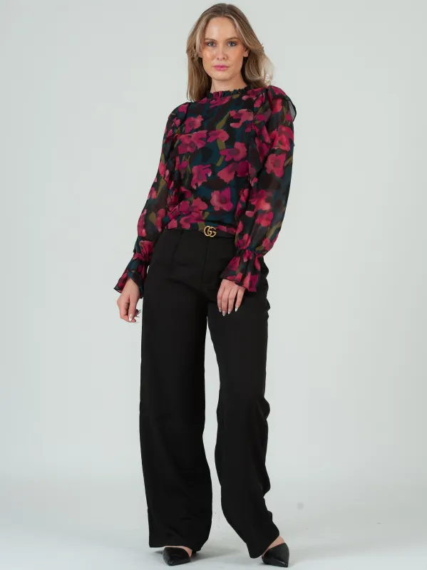 Women's Ruffle Front Long Sleeve Floral Blouse, Fuschia sold by Lucca Couture