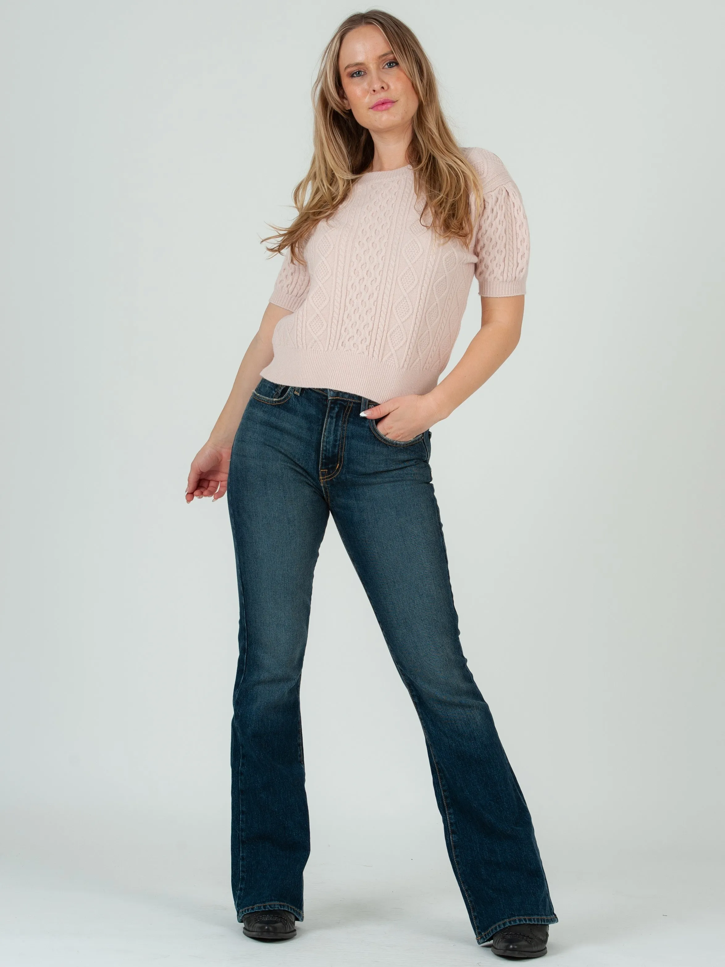 Women's Cable Knit Short Sleeve Sweater Top - Pink sold by Lucca Couture