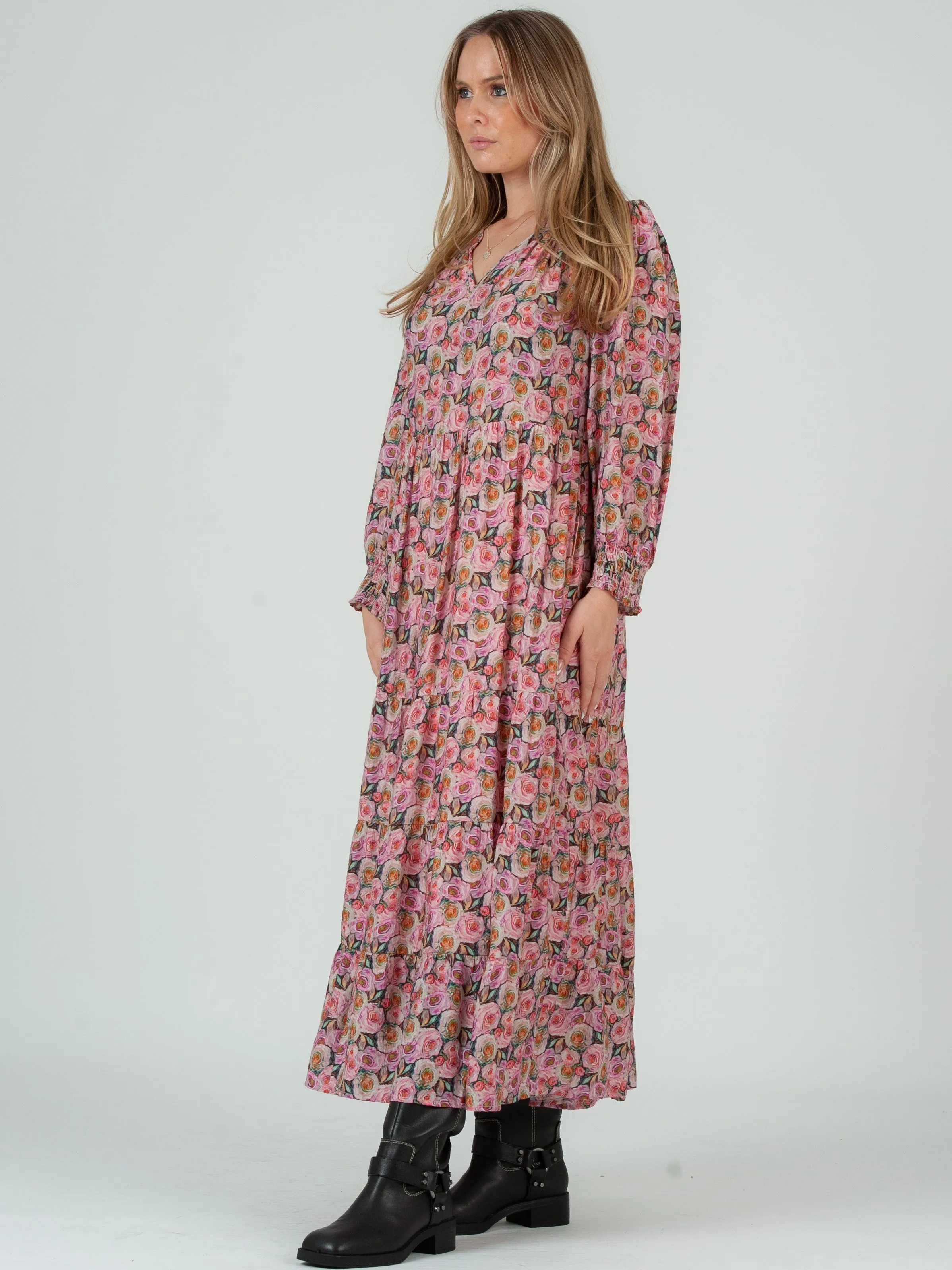 Women's Rose Floral Print Tiered Long Sleeve Maxi Dress sold by Lucca Couture product image thumbnail 4