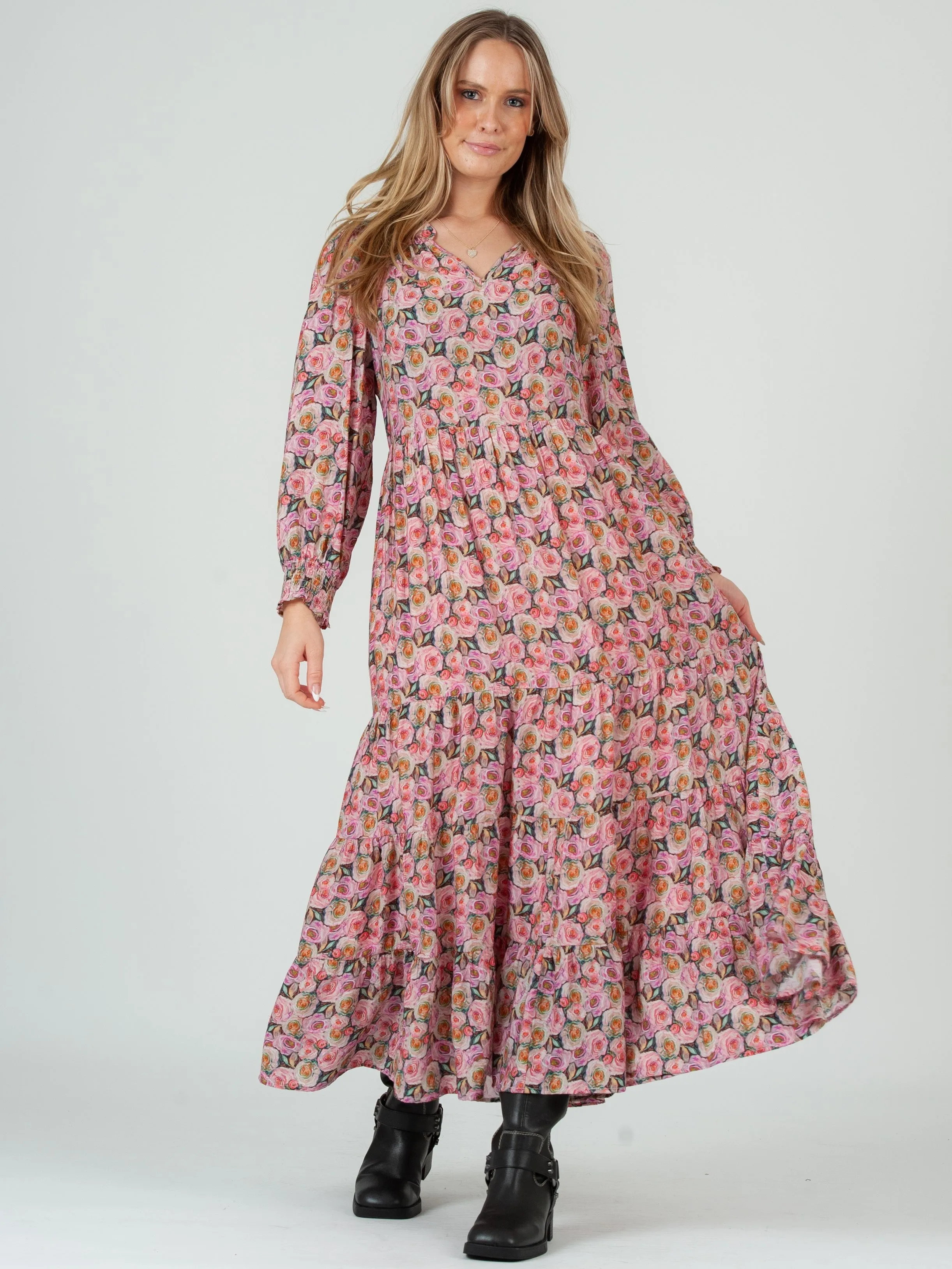 Women's Rose Floral Print Tiered Long Sleeve Maxi Dress sold by Lucca Couture product image thumbnail 2