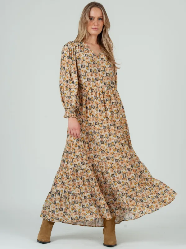 Women's Rose Floral Print Tiered Long Sleeve Maxi Dress sold by Lucca Couture