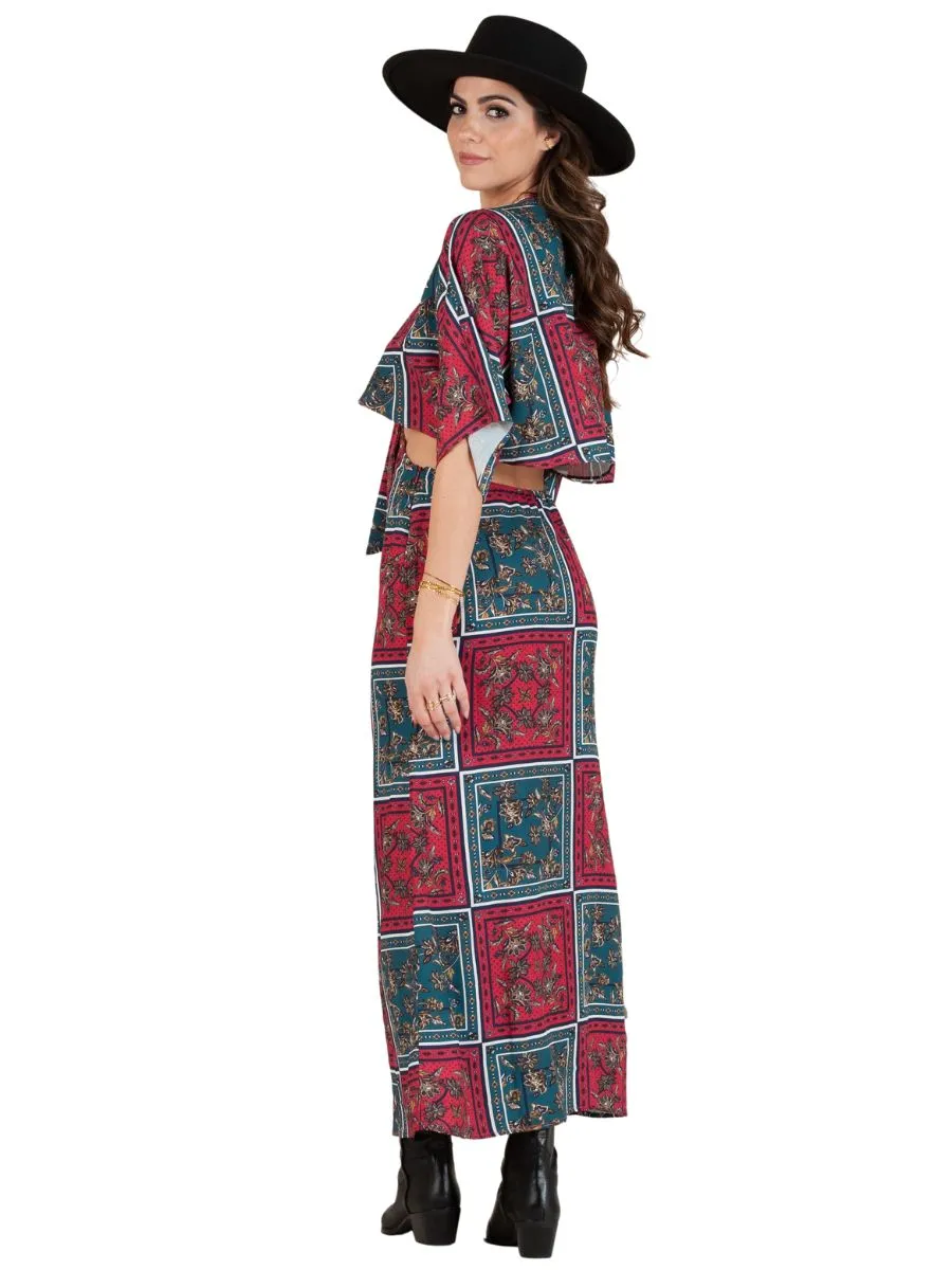 CLAREN DRESS-WINE/TEAL PATCH sold by Lucca Couture product image thumbnail 2