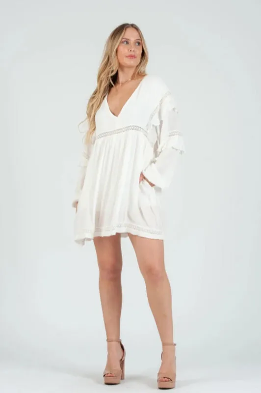 Women's Rayon White Mini Dress With Lace Inset Detail sold by Lucca Couture