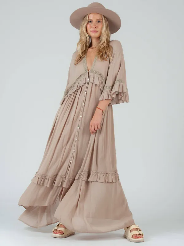 ESTELLE BOHO RUFFLE DRESS-SAND sold by Lucca Couture