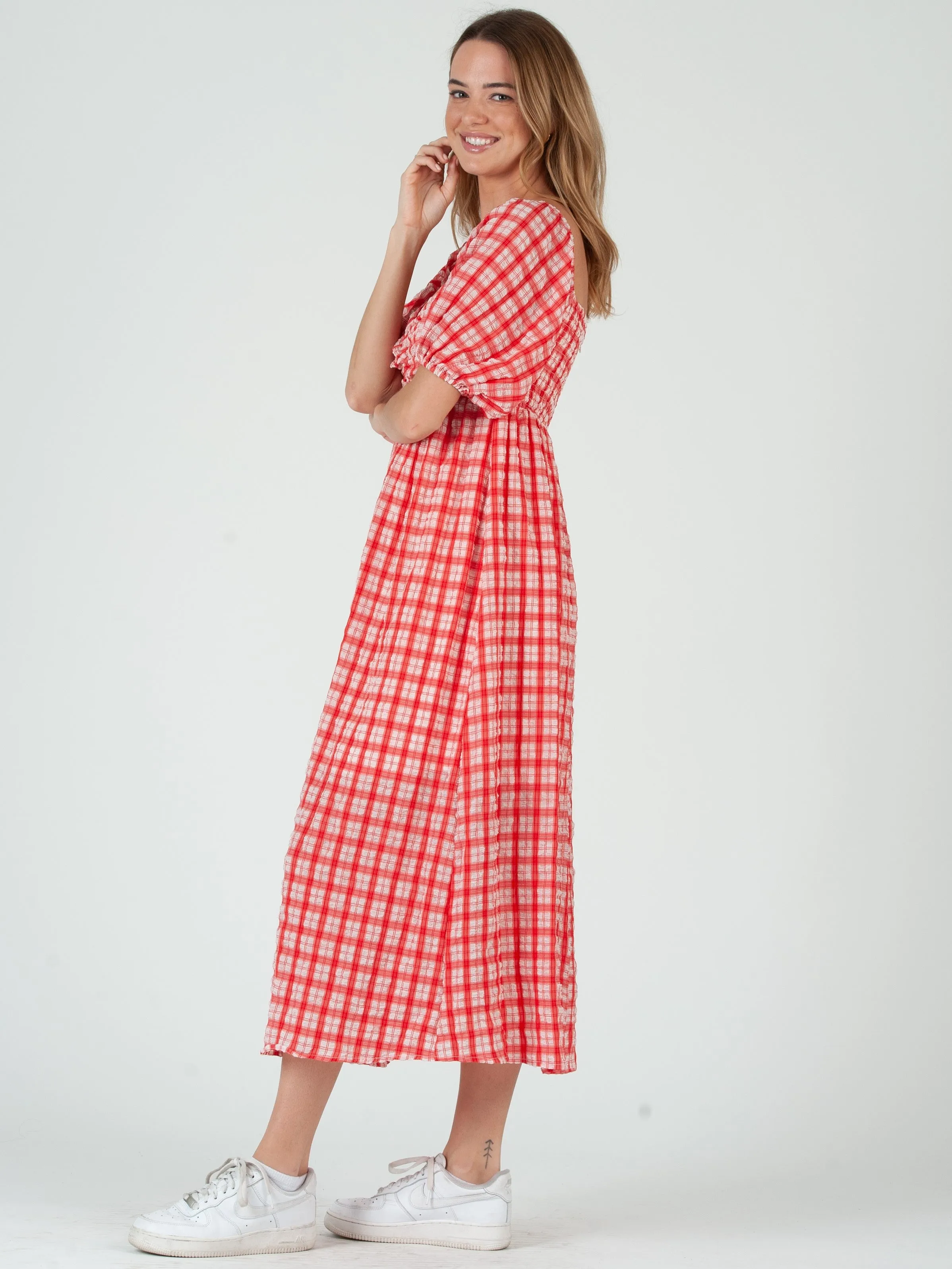 CLARA PUFF SLEEVE TWIST TOP MIDI DRESS-RED sold by Lucca Couture product image thumbnail 2