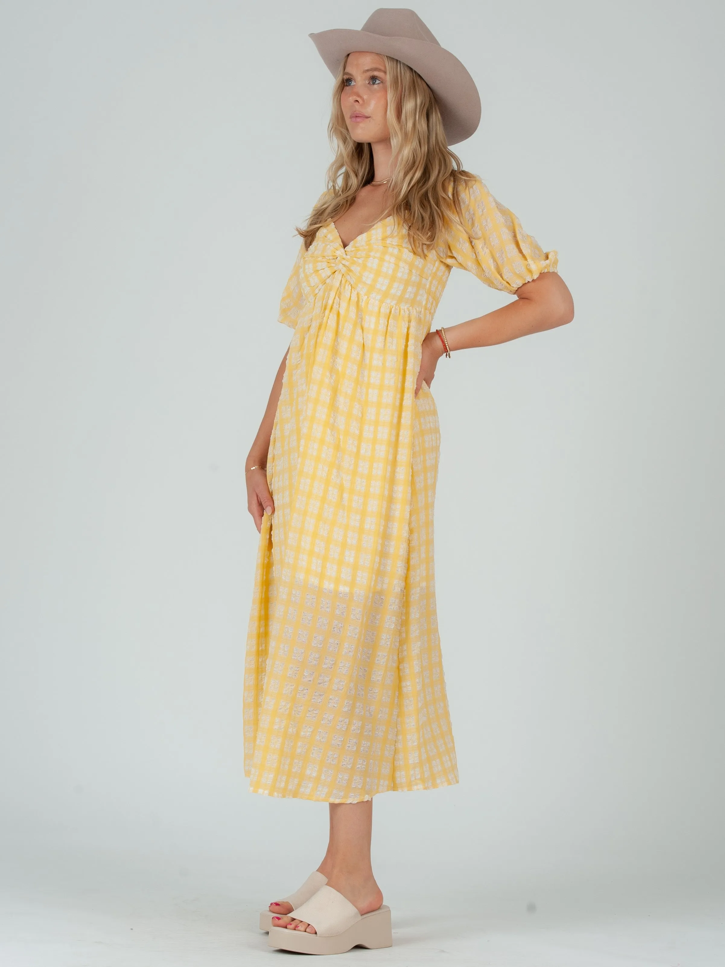 CLARA PUFF SLEEVE TWIST TOP MIDI DRESS-CANARY sold by Lucca Couture product image thumbnail 4