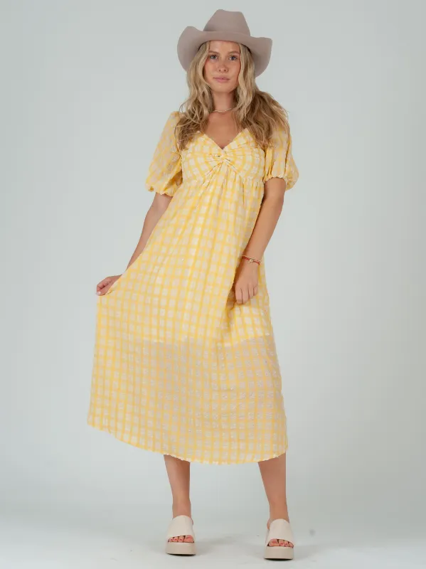 CLARA PUFF SLEEVE TWIST TOP MIDI DRESS-CANARY sold by Lucca Couture