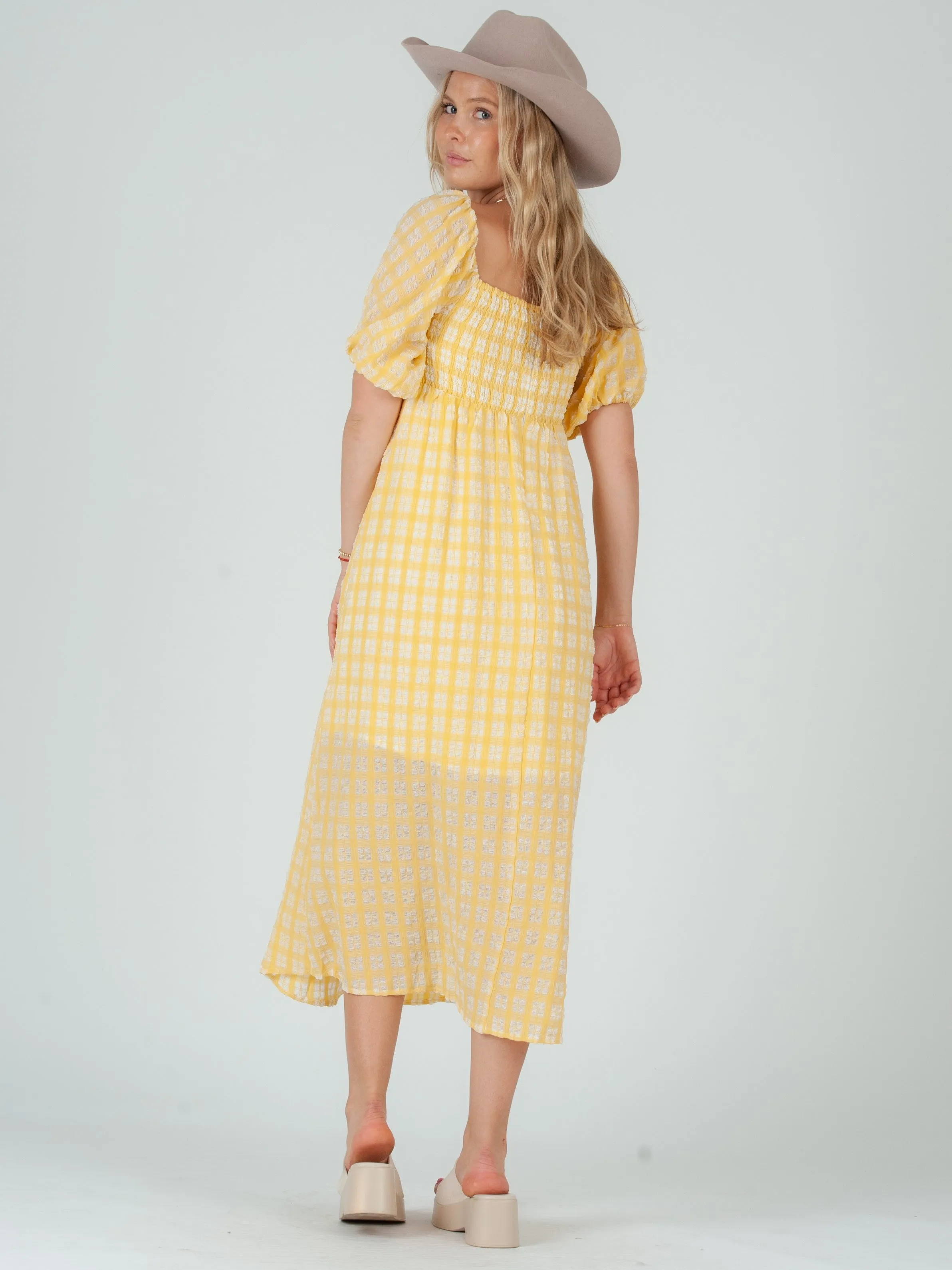 CLARA PUFF SLEEVE TWIST TOP MIDI DRESS-CANARY sold by Lucca Couture product image thumbnail 5