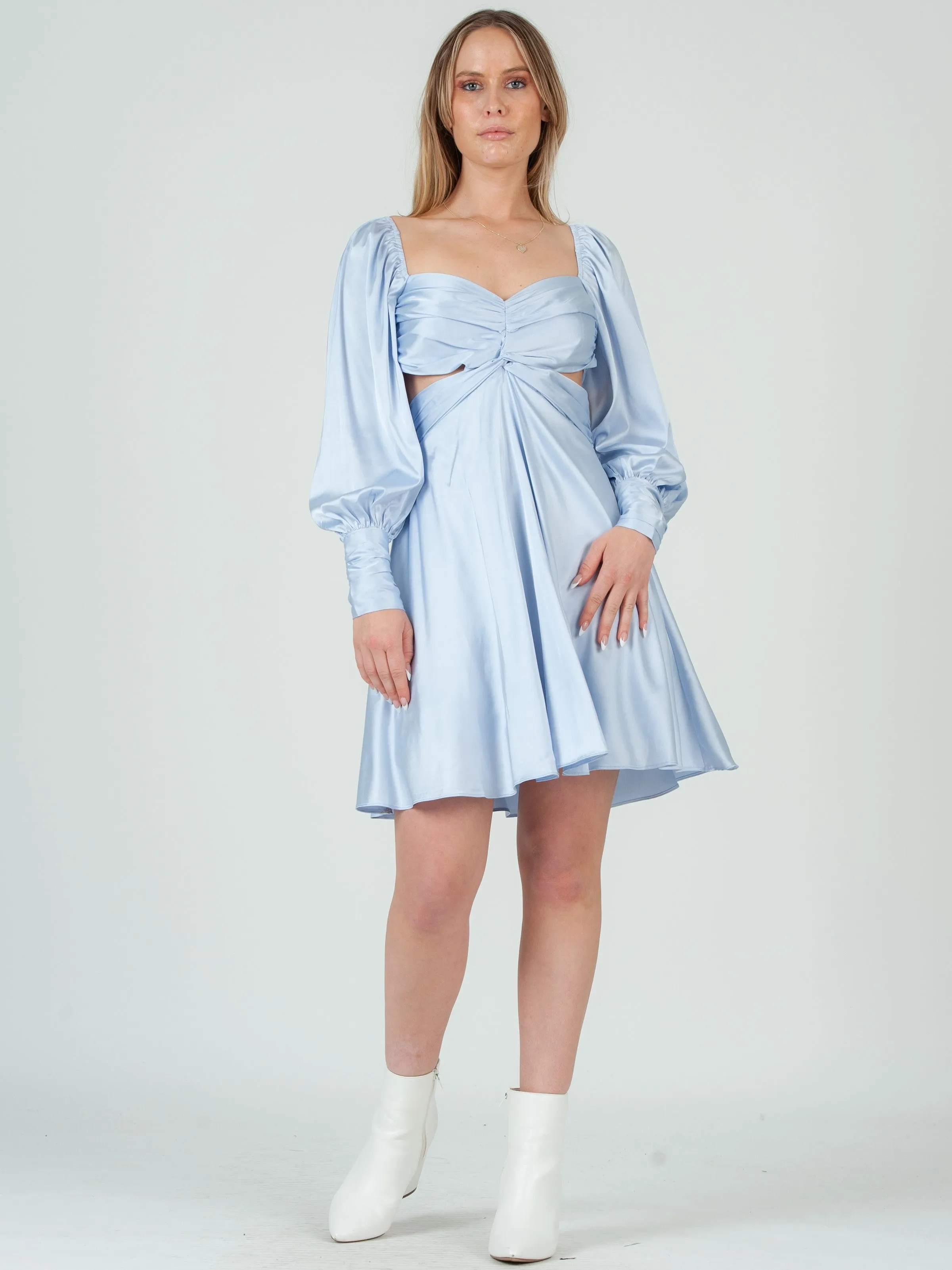 JACINDA LONG SLEEVE MINI DRESS-POWDER sold by Lucca Couture