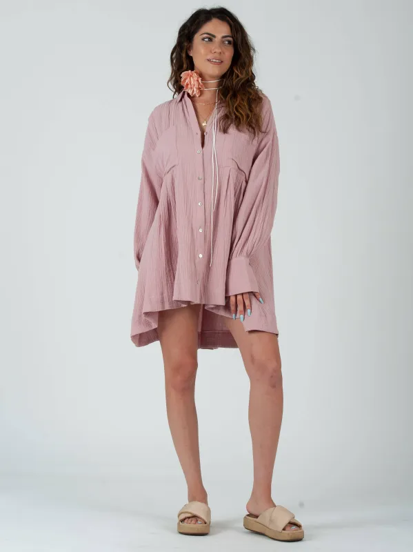KIARA BOHO BUTTON FRONT MINI DRESS-SATINWOOD sold by Lucca Couture