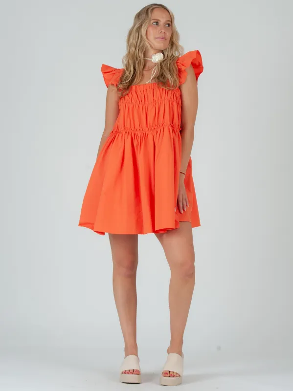 JESSIE FLUTTER SHOULDER MINI DRESS-ORANGE sold by Lucca Couture