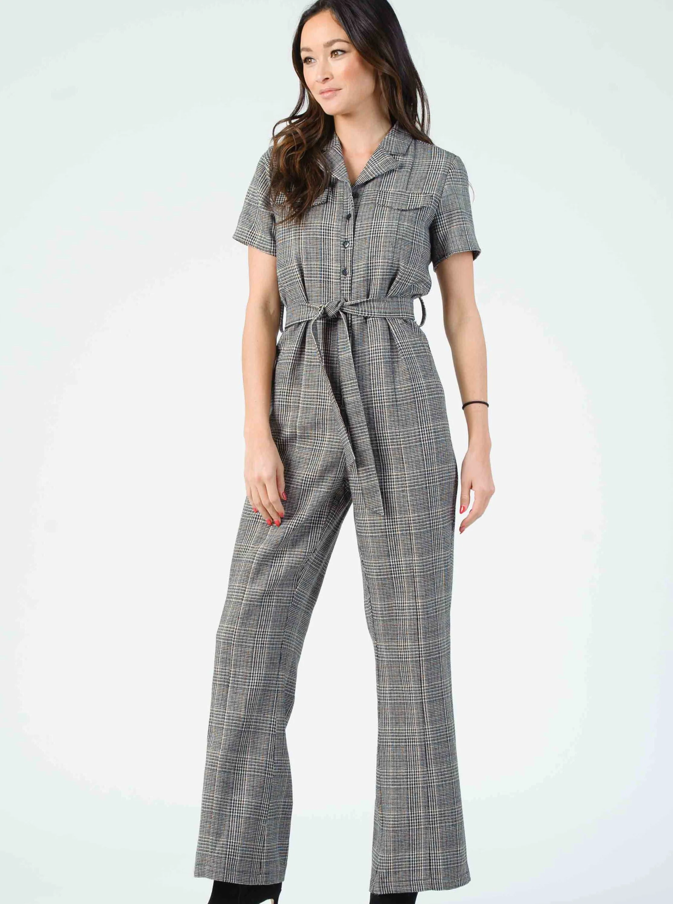 VERDI TAILORED JUMPSUIT-BLACK PLAID sold by Lucca Couture