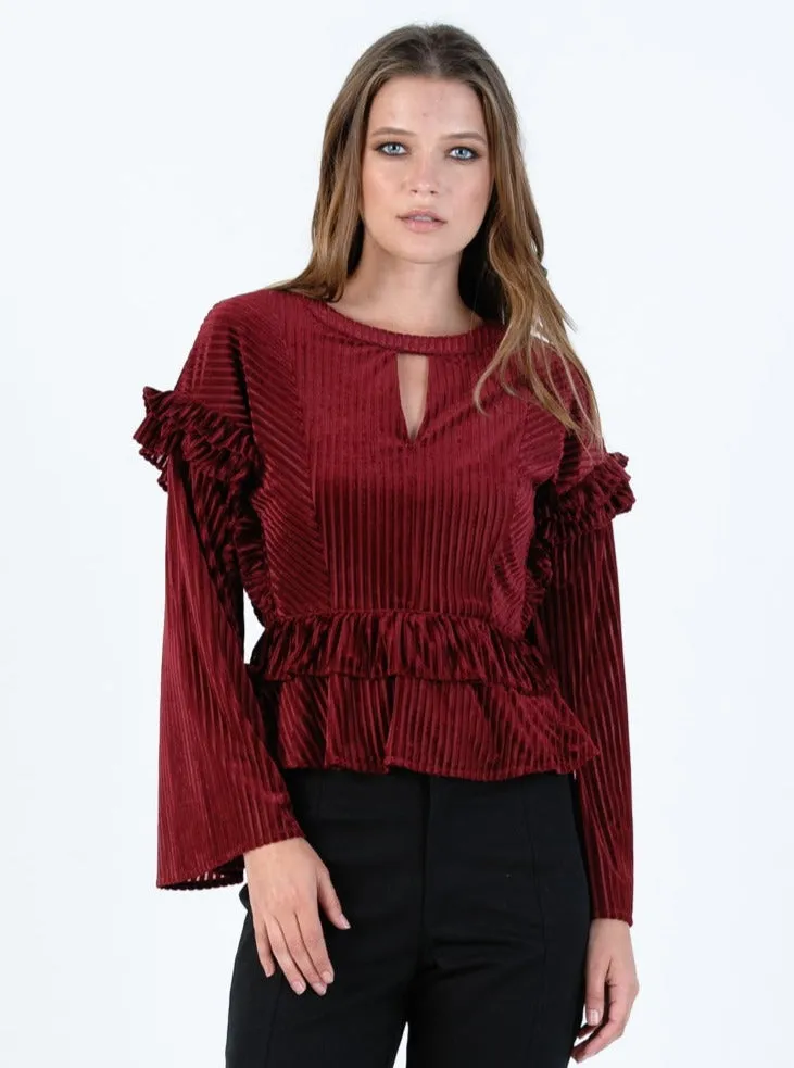 TAHOE RUFFLE BLOUSE-MERLOT STRIPE sold by Lucca Couture