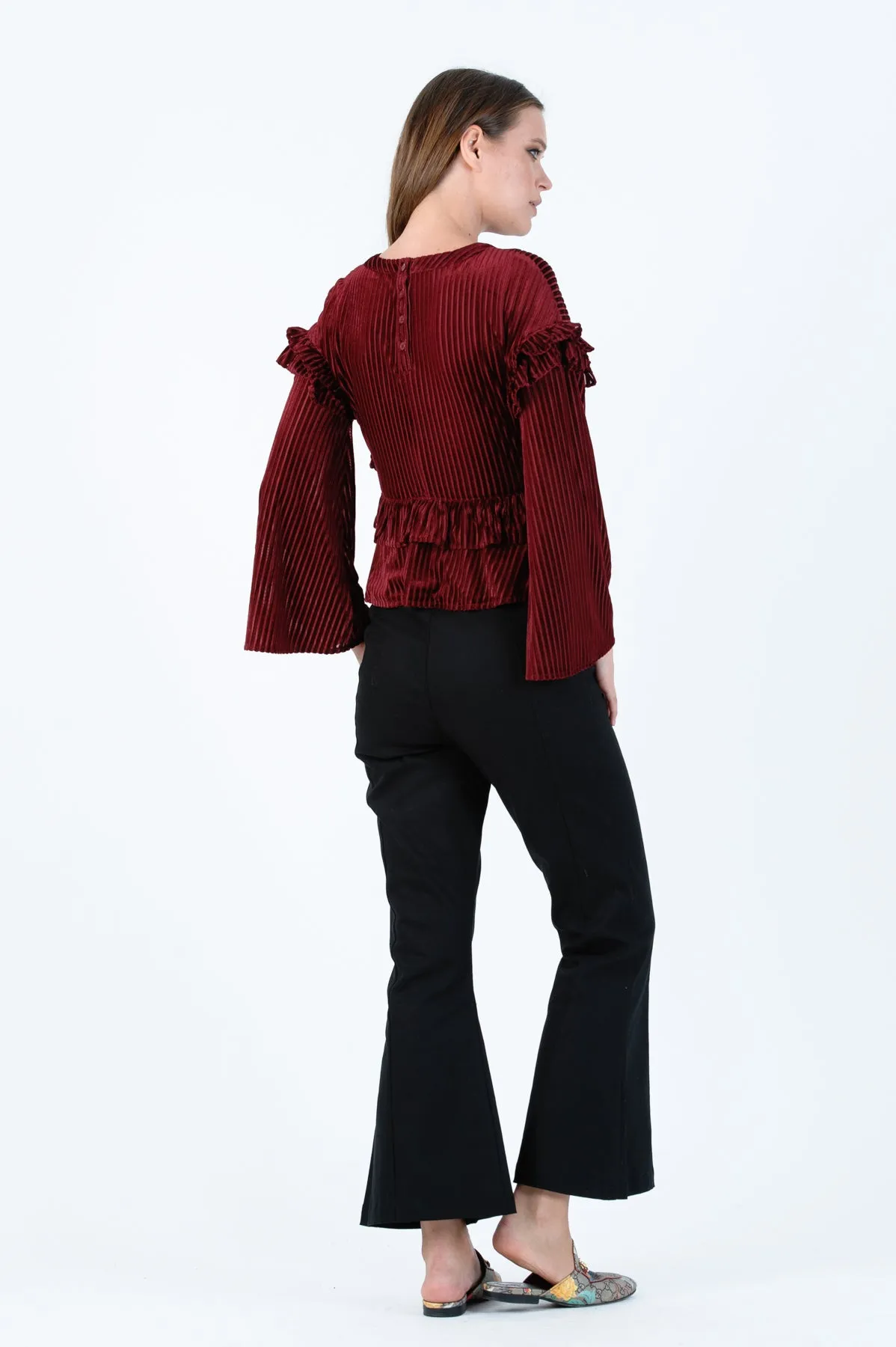 TAHOE RUFFLE BLOUSE-MERLOT STRIPE sold by Lucca Couture product image thumbnail 3