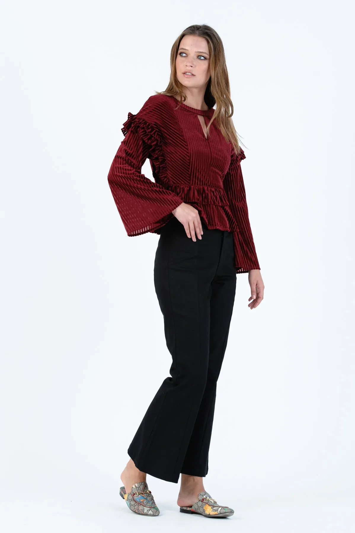 TAHOE RUFFLE BLOUSE-MERLOT STRIPE sold by Lucca Couture product image thumbnail 2