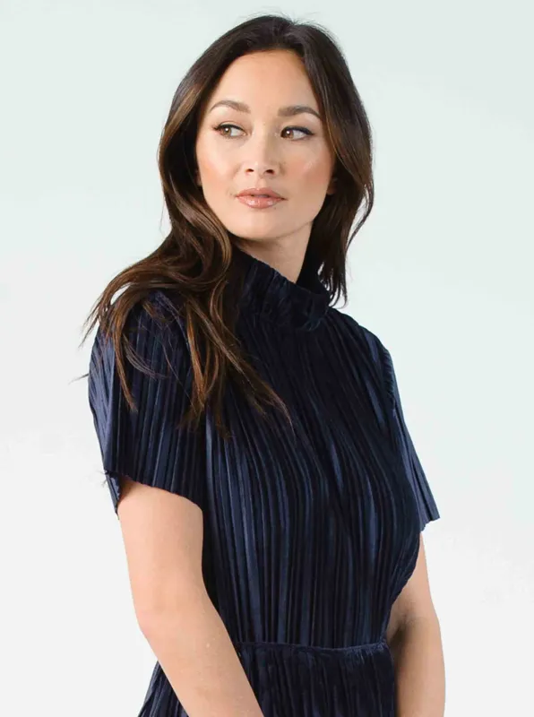 MARTY MOCK NECK TOP-NAVY VELVET sold by Lucca Couture