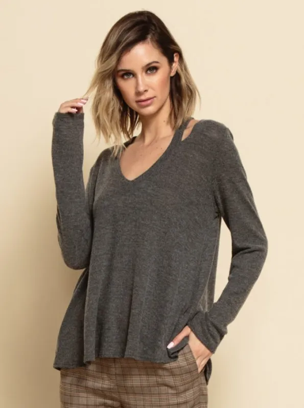 VALENTINA LONG SLEEVE HACCI TOP-GREY sold by Lucca Couture