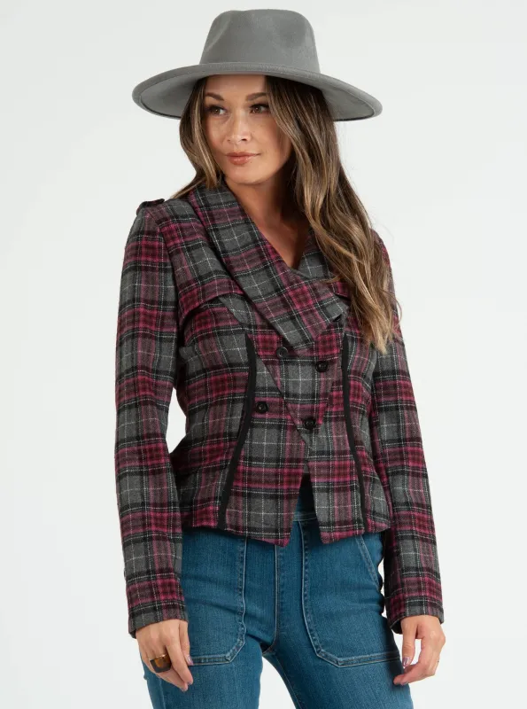 PLAID ZIP UP MOTO JACKET-CHAR/PINK sold by Lucca Couture