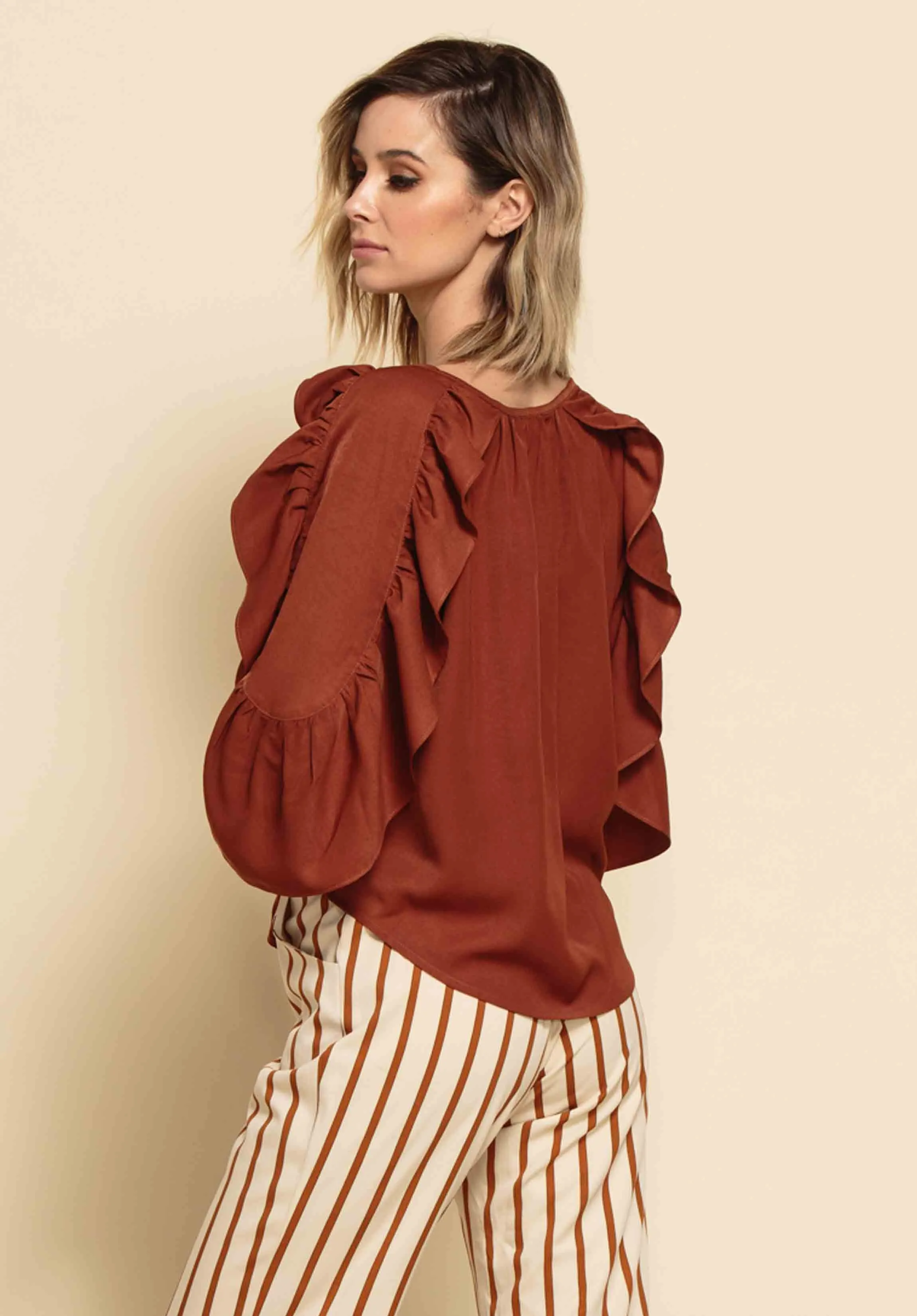 ELLIANA RUFFLE BLOUSE-CHESTNUT sold by Lucca Couture product image thumbnail 2