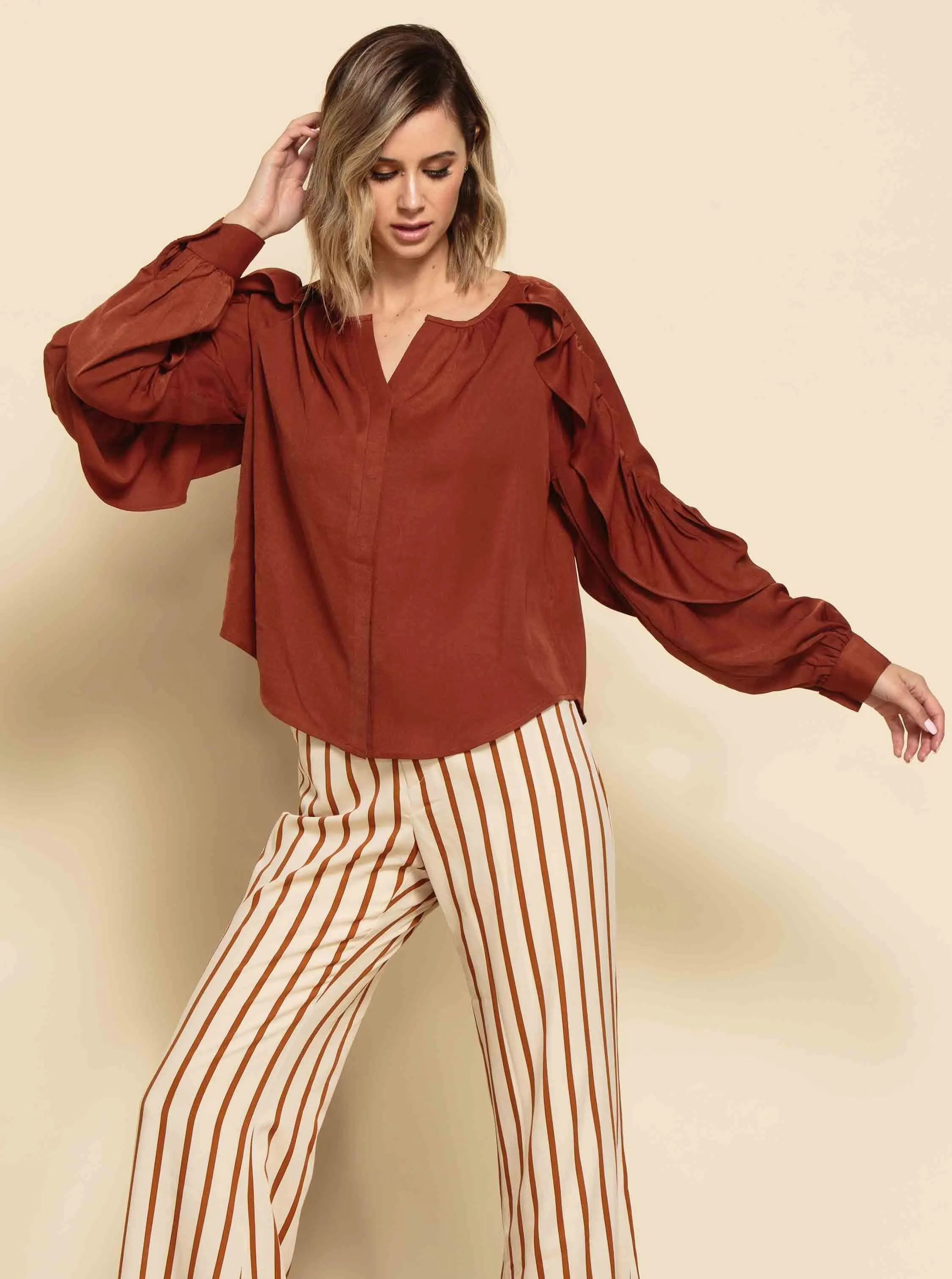 ELLIANA RUFFLE BLOUSE-CHESTNUT sold by Lucca Couture