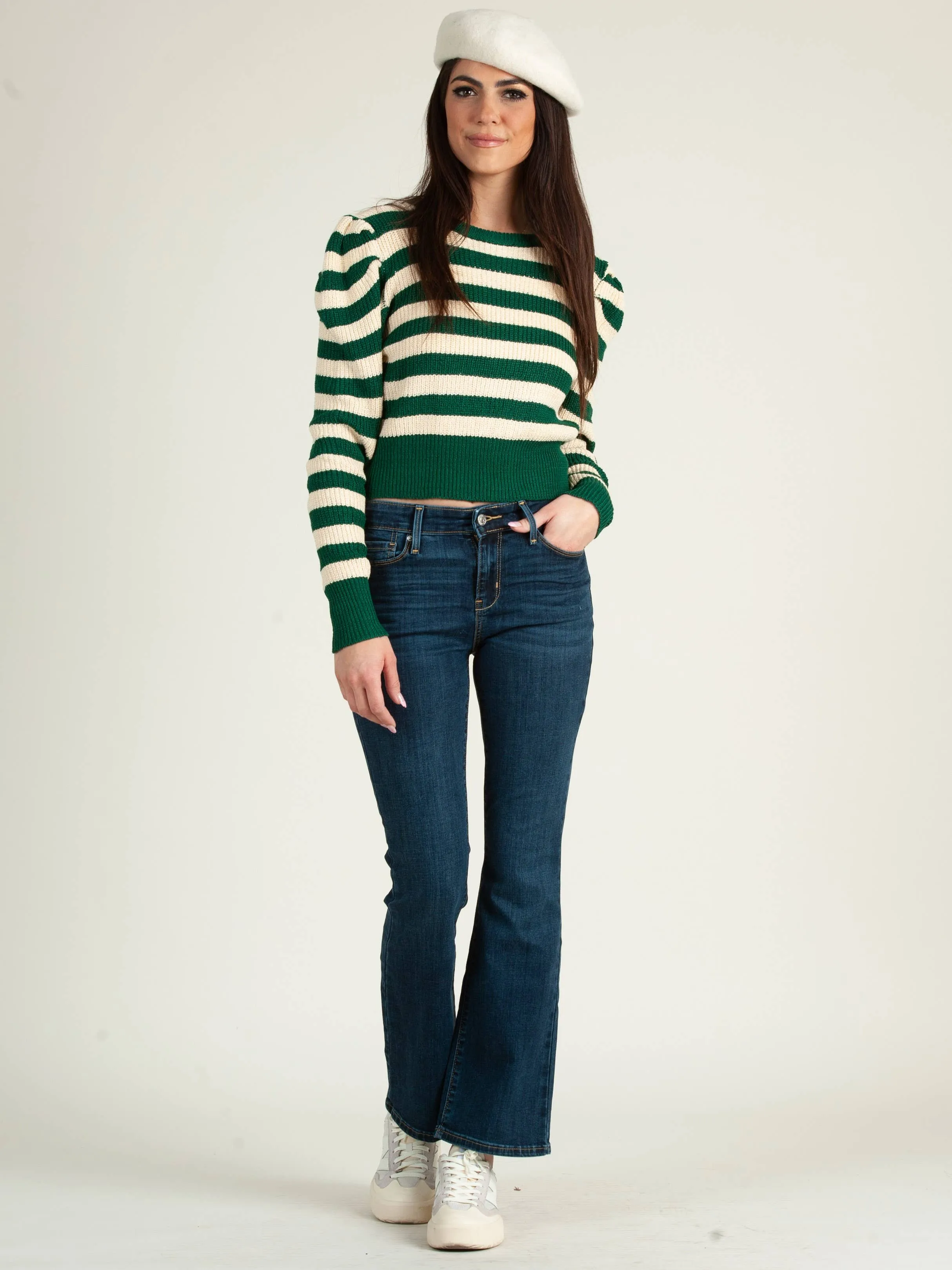 YARA PUFF SHOULDER SWEATER TOP-GREEN STRIPE sold by Lucca Couture