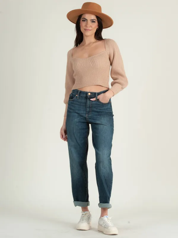 SARA SWEETHEART NECKLINE RIBBED TOP-OATMEAL sold by Lucca Couture