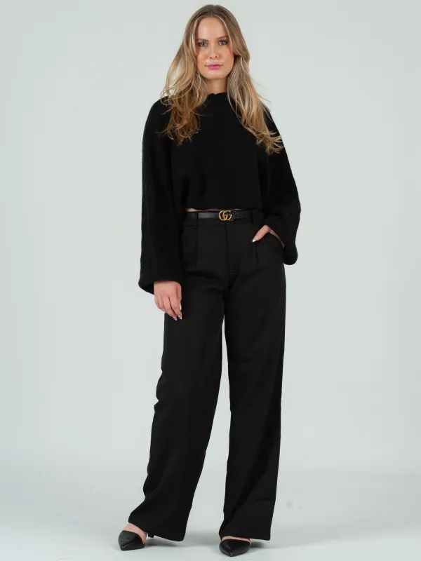 FREYA CROPPED BALLOON SLEEVE RIBBED SWEATER-BLACK sold by Lucca Couture