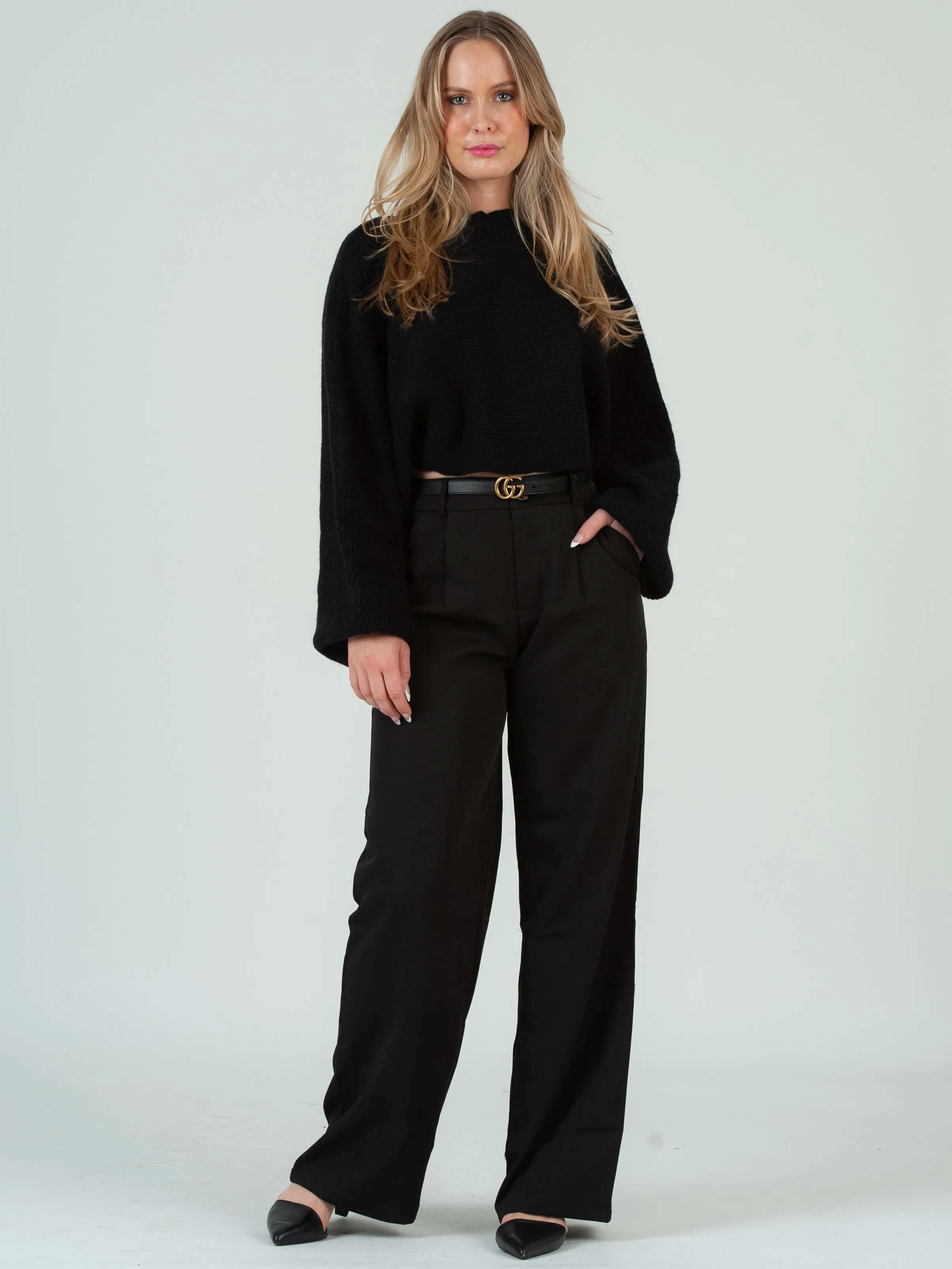 FREYA CROPPED BALLOON SLEEVE RIBBED SWEATER-BLACK sold by Lucca Couture